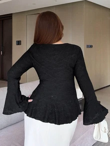 Dazy Plus Casual Fashion Black Cardigan With Flared Long Sleeve Top, Ruffle Trim, Slim Fit Elegant Lace Blouse For Valentine's Day, Wedding And Banquet - Black - View 2