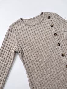 Hansera Women's Button Front Knit Sweater, Casual Long Sleeve Round Neck Solid Color Loose Fit Cover Up Top - Apricot - View 6