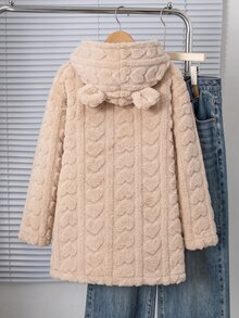 SHEIN 女童休閒時尚愛心毛絨布長版連帽外套，寬鬆舒適，適合秋冬日常通勤、戶外玩耍、外出、聚會與拍照 - 杏色 - 查看 2