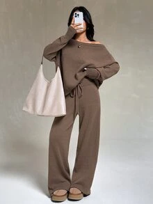SHEIN PETITE طقم نسائي خريف/شتاء كنزة صوفية بأكمام طويلة وبنطال محبوك بخصر برباط بلون الجمل - قهوة بني - مشاهدة 5