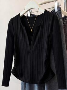 Franclia Plus Size Knit V-Neck Ribbed Long Sleeve Cinched Waist Formal Traditional Brunch Business Office Casual Versatile Black T-Shirt Fall - Black - View 1