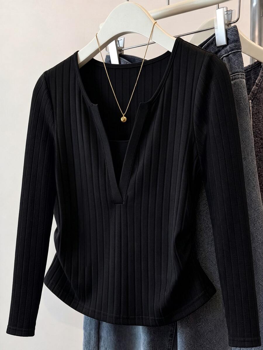 Franclia Plus Size Knit V-Neck Ribbed Long Sleeve Cinched Waist Formal Traditional Brunch Business Office Casual Versatile Black T-Shirt Fall - Black - View 1