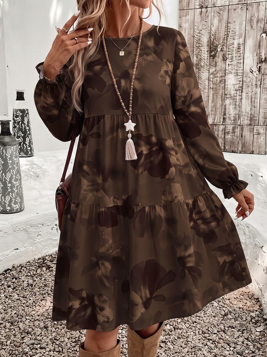 SHEIN VCAY 秋冬新款休閒極簡優雅花卉印花圓領女款寬鬆中長洋裝,適合春季/秋季 - 棕色 - 查看 1