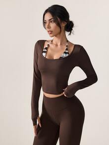 Dewbera Dewbera Women's Striped Patchwork Halter Neck Long Sleeve Sports T-Shirt - Multicolor - View 3