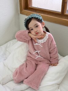 Dazy Kids Bộ đồ mặc nhà bé gái gồm áo ren phối mảnh và quần dài lông xù - Màu Hồng baby - Xem 6