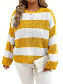 EMERY ROSE Plus Size Women Spring And Autumn Loose Round Neck Drop-Shoulder Long Sleeve Striped Casual Pullover Sweater, Winter Knit Pullover Fall - Light Yellow - View 4