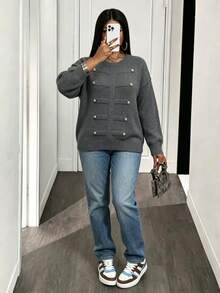 Modelyn Plus Size Women's Napoleon Style Metal Button Long Sleeve Pullover Sweater, Autumn/Winter Fashion Elegant Solid Color Loose Fit Versatile Knit Top - Dark Grey - View 5