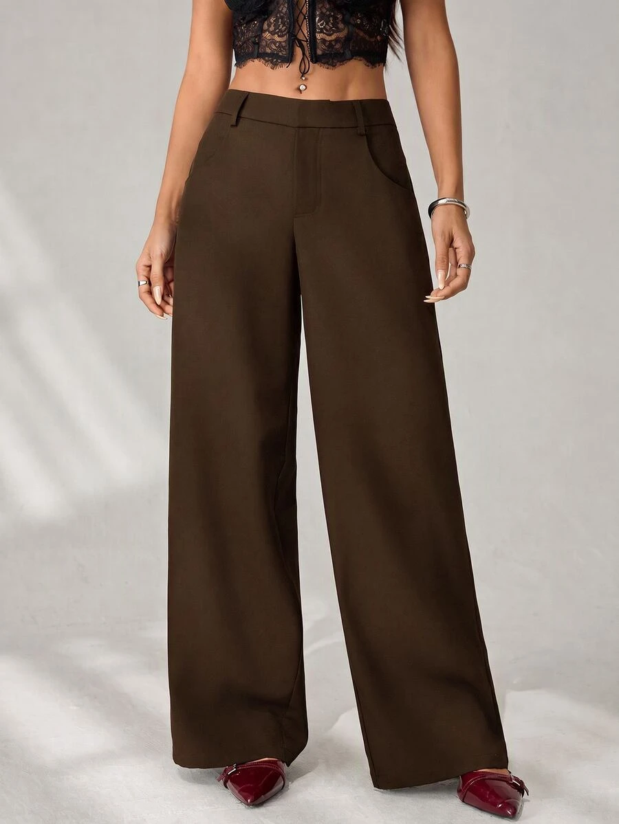 SHEIN PETITE Women's Solid Color Casual Versatile Everyday Long Pants - Brown - View 1