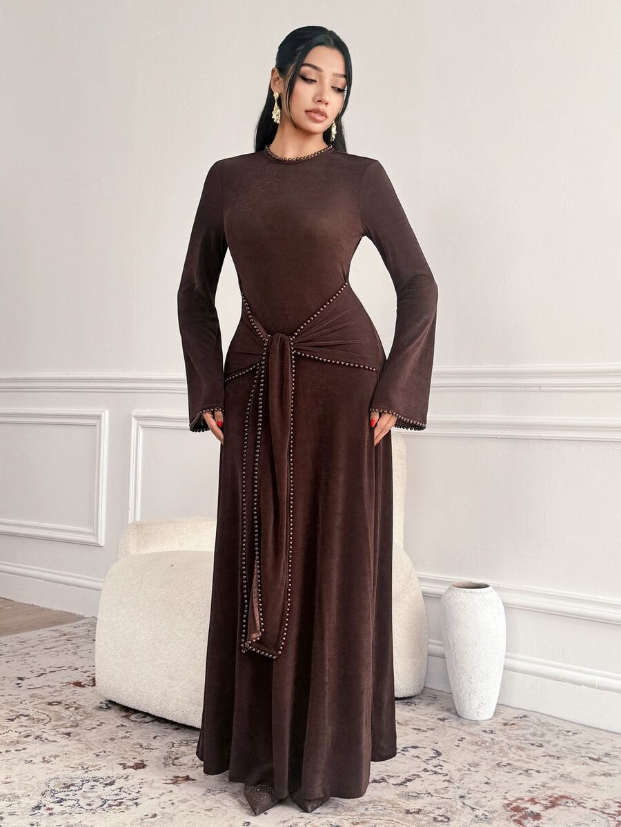 Veilorie Women's Beaded Decor Tie-Up Arabian Dress - Brown - View 1