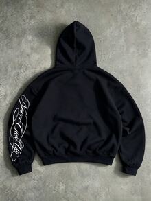 青少年男孩字母印花刺繡運動衫 - 黑色 - 查看 2