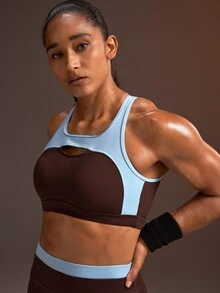 Powerista Women's Brown & Blue Color Block Back Hook Tight-Fit Sports Bra With Removable Padding - Brown - View 5