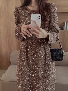 DAZY Women's Elegant Sequin Pleated Long Sleeve Dress For Vacation - Khaki - View 1