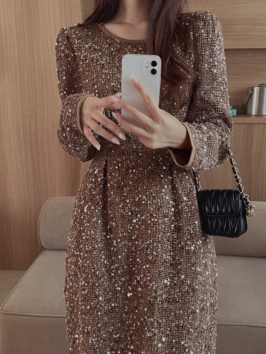 DAZY Women's Elegant Sequin Pleated Long Sleeve Dress For Vacation - Khaki - View 1
