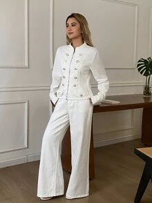 Livesso Autumn White Cotton Turn-Down Collar Button Pocket Decor Short Denim Jacket With Wide Leg Denim Pants Set - White - View 6