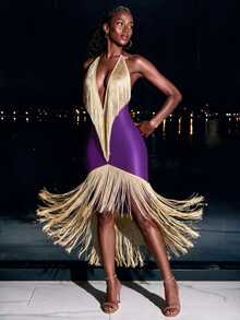 Mistrie Sexy Black & Gold Tassel Halter Neck Deep V Backless Cinched Waist Bodycon Bodycon Cocktail Party Dress - Purple - View 4