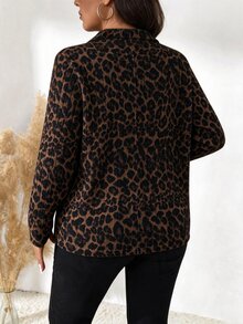 SHEIN LUNE Plus Size Leopard Print Ribbed Knit Top For Women, Collared V-Neck Long Sleeve Loose Fit Base Layer, Vintage Leopard Print Casual T-Shirt - Multicolor - View 2