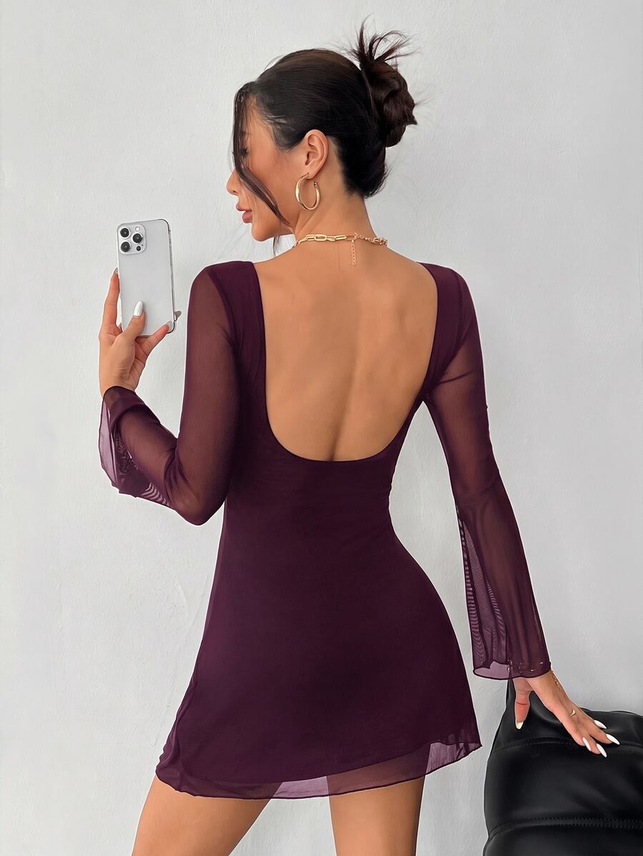 SHEIN PETITE 女款黑色新款性感露背長喇叭袖網紗洋裝,初秋陽光裙,適合嬌小女性夜晚外出約會 - 紫紅色 - 查看 1