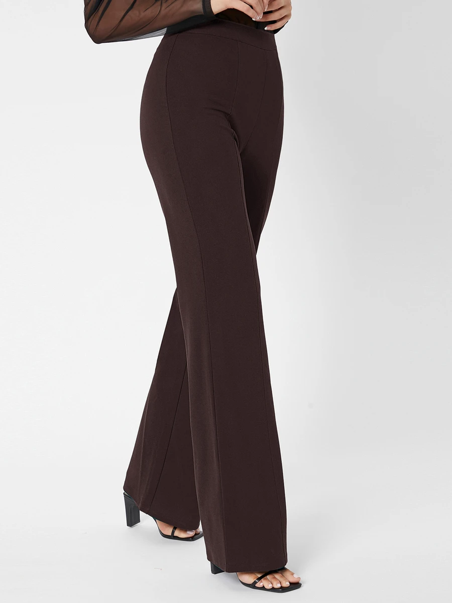 SHEIN Tall 高個女款純色後拉鍊寬腿長褲 - 咖啡棕 - 查看 1