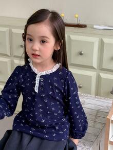 Dazy Kids Spädbarn (flicka) rundhalsad topp med helmönstrat blommigt tryck, koreansk stil, lång ärm, höst - Svart - Visa 5