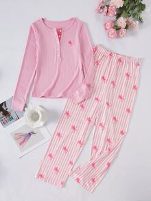 Teen Girl Knight Print Button Half-Placket Long Sleeve Top And Pants Loungewear - Pink - View 6