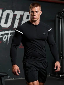 GymBeat 男士黑色拉鍊肌肉修身長袖T恤，適合健身、運動、跑步與體育活動 - 黑色 - 查看 1