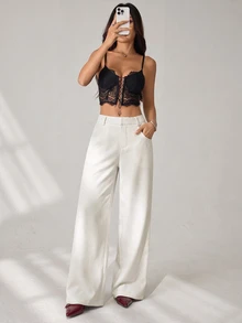 SHEIN PETITE 女款直筒寬鬆低腰休閒純色長褲，附口袋 - 白色 - 查看 5