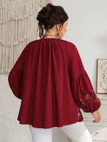EMERY ROSE Women's Plus Size Lace Patchwork Hem Single-Breasted Lantern Sleeve Elegant Blouse - Burgundy - View 3