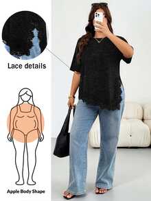 Shapeblank Plus Size Women's Spring/Summer Fashion Casual Loose Elastic Comfortable Daily Basic Versatile Slimming Lace Trim Asymmetrical Hem - Dark Grey - View 1