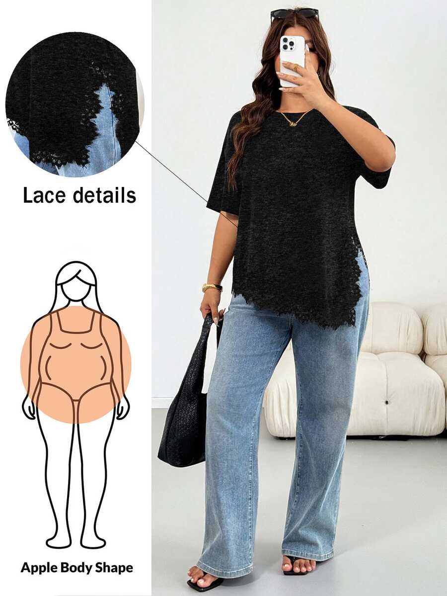 Shapeblank Plus Size Women's Spring/Summer Fashion Casual Loose Elastic Comfortable Daily Basic Versatile Slimming Lace Trim Asymmetrical Hem - Dark Grey - View 1
