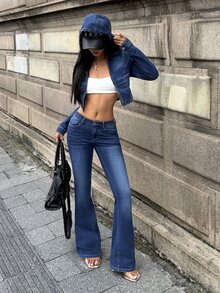 StreetHx Y2K Hot Girl Denim Style 2 Pieces Set, Hooded Cropped Zip-Up Top And Low-Waist Flared Jeans Outfit - Dark Wash - View 4
