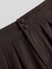 SHEIN PETITE CURVE 大尺碼女款純色百褶寬腿鬆身長褲 休閒優雅 正式辦公教師節早午餐穿搭 黑色巧克力棕 秋季 - 彩色 - 查看 6