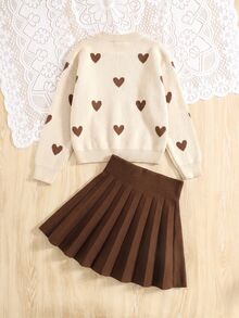 SHEIN Tween Girl Heart Pattern Drop Shoulder Sweater And Solid Brown Pleated Skirt 2pcs Set,Back-To-School Casual School Outfit For Autumn Winter - Apricot - View 3