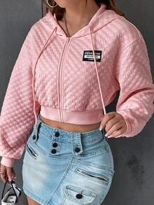 SHEIN EZwear 字母圖案落肩抽繩短版連帽衛衣，秋冬長袖上衣 - 粉色 - 查看 4
