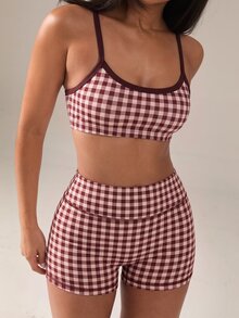 SHEIN BAE Women's Plaid Camisole Top And Shorts Sports Set - Burgundy - View 6