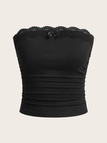 SHEIN EZwear 女款休閒修身抹胸上衣，蕾絲飾邊上衣，蝴蝶結上衣，Y2K穿搭 - 黑色 - 查看 5