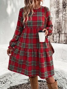SHEIN VCAY 聖誕新年秋冬新款休閒簡約格紋圓領女款寬鬆中長洋裝 - 紅色 - 查看 3