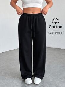 SHEIN PETITE CURVE Quần dài casual size lớn màu trơn phong cách tối giản, cạp rút dây, có túi, cho mùa thu - màu đen - Xem 8