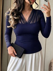 Cravure Plus Size Women's Autumn/Winter Mesh Patchwork Ruched Waist Elegant Sexy Commuter Blouse Fall Dinner Party Black - Navy Blue - View 8