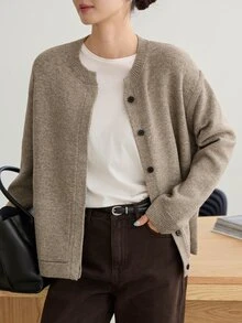 Dazy-Less Autumn/Winter Coffee Brown Round Neck Button Cable Knit Long Sleeve Slim Fit Ribbed Cardigan For Women - Coffee Brown - View 5