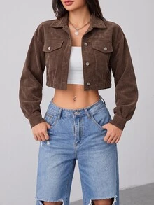 SHEIN PETITE 秋季女裝落肩翻蓋設計短版燈芯絨黑色夾克，適合嬌小女款，返校、上班、旅行、日常穿著、街頭休閒風 - 咖啡棕 - 查看 5