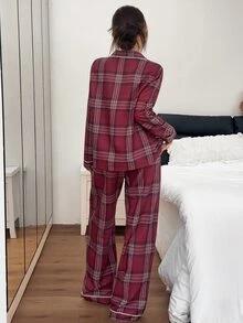 SHEIN Autumn Red Plaid Print Pajamas Long Sleeve Long Pants Home Wear 2 Pieces Set - Red - View 2