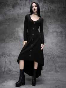Cryptelle Autumn/Winter Black Gothic Cross Blended Fabric Asymmetrical Hem Dress, Halloween Outfit - Black - View 1