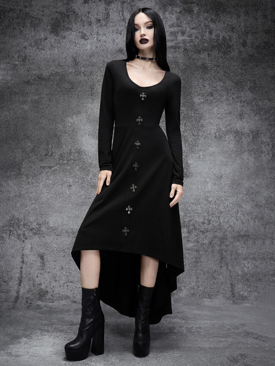 Cryptelle Autumn/Winter Black Gothic Cross Blended Fabric Asymmetrical Hem Dress, Halloween Outfit - Black - View 1