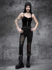 Cryptelle Autumn/Winter Black Gothic Fishnet & PU Patchwork Long Pants Halloween Outfit,Night Out - Black - View 4
