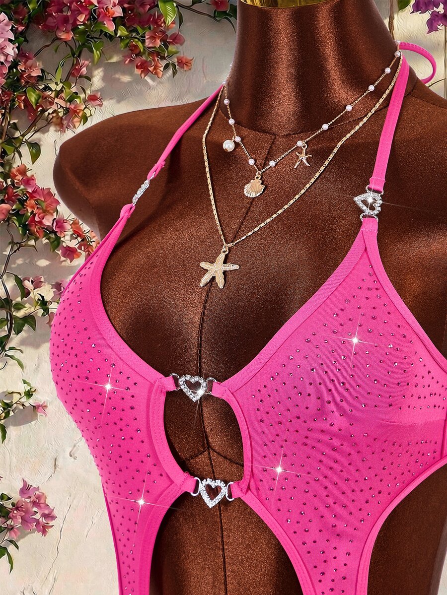 Amplova Women's Sexy One-Piece Cutout Bodycon Swimsuit, Fuchsia Rhinestone Embellished, Suitable For Autumn/Winter Party And Summer Beach Wear, Sexy Avant-Garde Hollow Design - Hot Pink - View 1