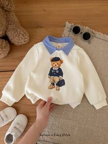 Cozy Pixies Baby Boys Sweatshirts Knit Crew Neck Pullover 2 In 1 Collar Sweatshirt Old Money Style Bear Front Print Thick Comfortable - Apricot - View 4