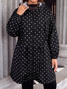 SHEIN LUNE 大尺碼波點連帽前開襟拉鍊休閒長袖外套，秋季 - 黑與白 - 查看 4