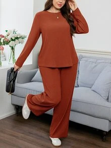 Easowa Curve 2件組大尺碼長袖上衣與迷彩印花長褲套裝，女款軍綠色秋季休閒日常穿著，迷彩兩件式居家套裝 - 酒紅色 - 查看 4