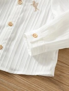 SHEIN 男嬰刺繡細節紋理針織小立領上衣與直條紋長褲套裝 - 卡其色 - 查看 5