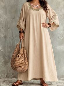Linhara CURVE Elegant Plus Size Women's Gold Thread Embroidered Lace Patchwork Loose Flare Sleeve Party Date Holiday Dress - Champagne - View 7